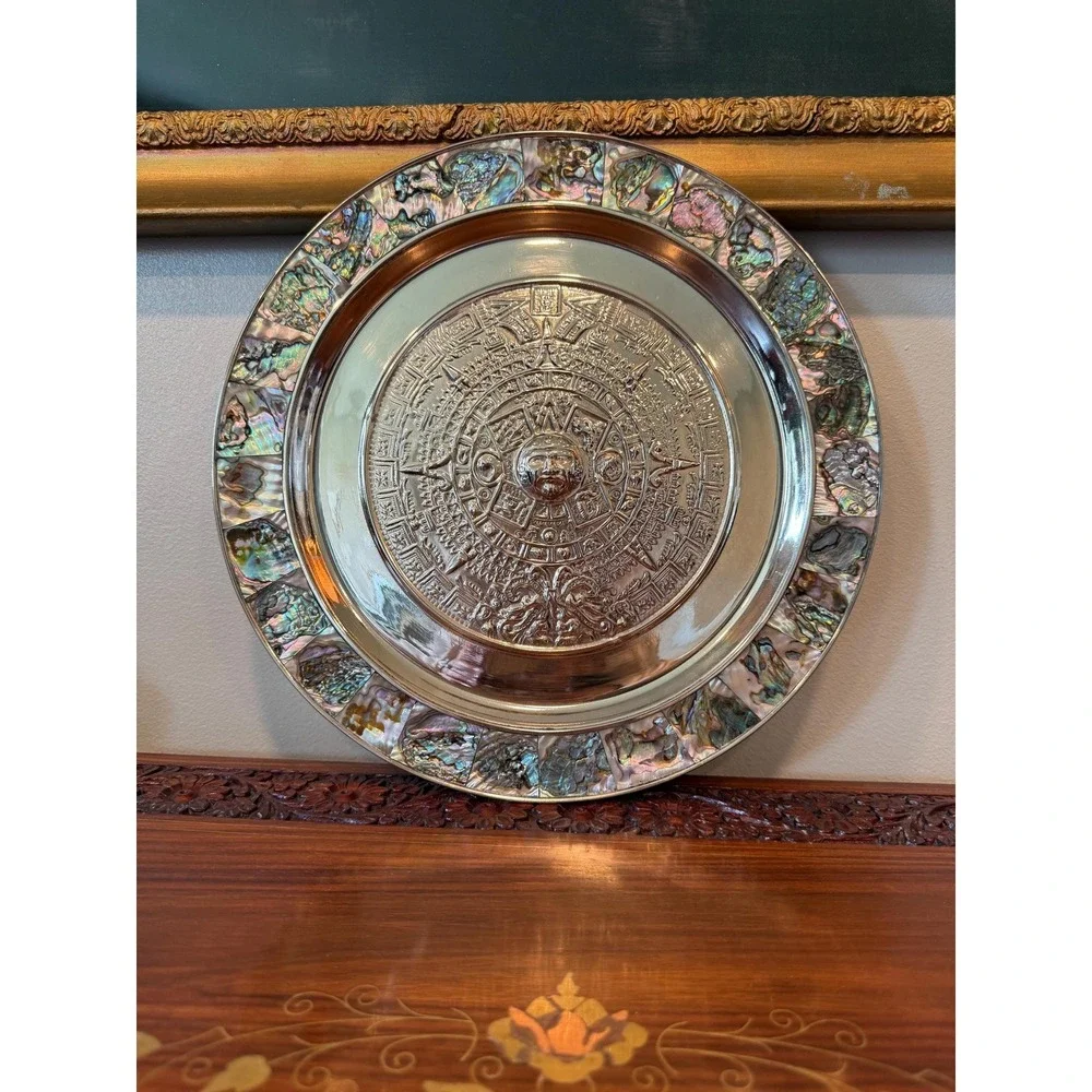Vintage Aztec Calendar Wall‎ Plate - Alpaca Mexico Silver with Abalone Inlay
